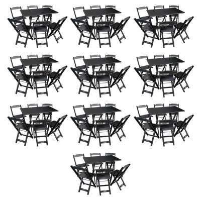 Kit 10 Conjuntos De Mesa Dobráveis De Madeira 70x110cm Com 6 Cadeiras Preta