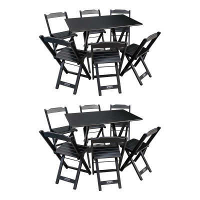 Kit 2 Conjuntos De Mesa Dobráveis De Madeira 70x110cm Com 6 Cadeiras Preta
