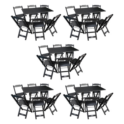 Kit 5 Conjuntos De Mesa Dobráveis De Madeira 70x110cm Com 6 Cadeiras Preta