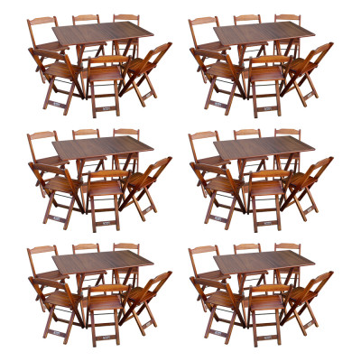 Kit 6 Conjuntos De Mesa Dobráveis De Madeira 70x110cm Com 6 Cadeiras Imbuia
