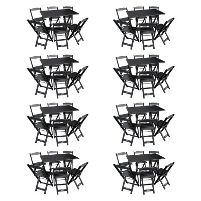 Kit 8 Conjuntos De Mesa Dobráveis De Madeira 70x110cm Com 6 Cadeiras Preta